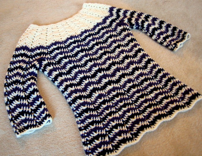 Chevron stripes sweater has internal shaping at waist and hips.  How to shape stitch patterns by Make My Day Creative.