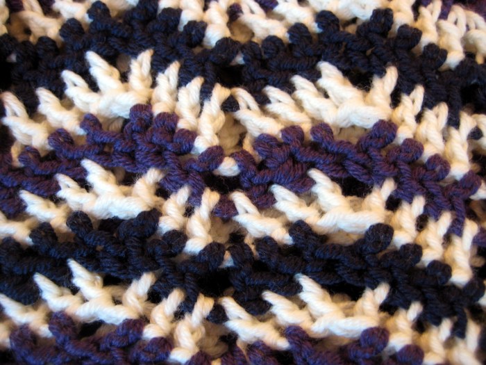 Decrease row (purple) in chevron stitch pattern.  How to shape crochet stitch patterns by Make My Day Creative