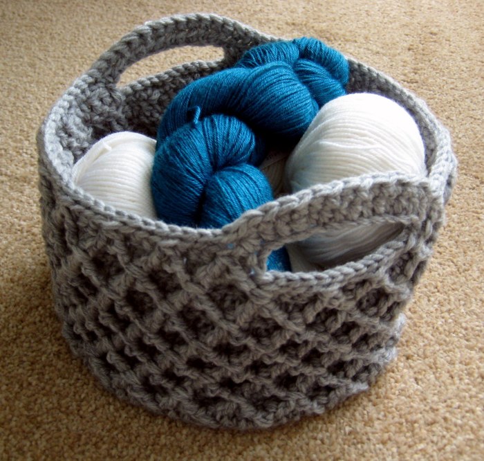 Stiff sided diamond trellis basket crocheted from stash yarn for storage - can be made in any size!