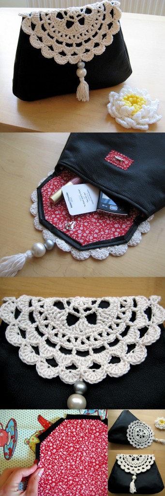 Free tutorial to make this leather and crochet clutch bag